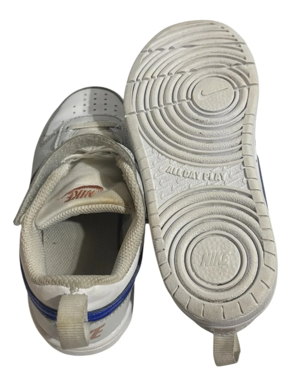 Nike Kids White Sneakers with Royal Blue Swoosh